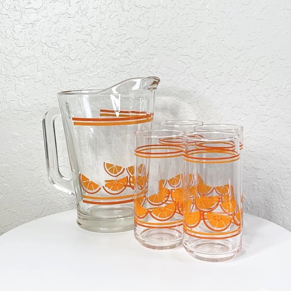 Libbey Glass Orange Tangerine Pitcher w/Set of 4 Tumblers Vintage - Circa 1970’s - Picture 1 of 4